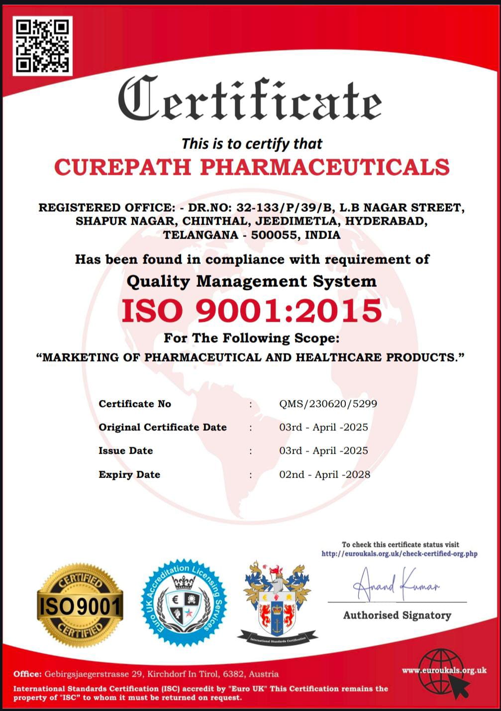 Curepath ISO 9001:2015 Certificate